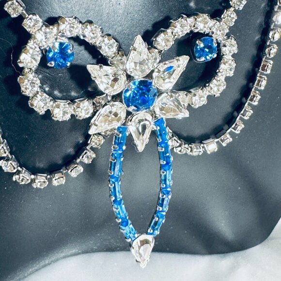 Vintage Statement Necklace by JAY FLEX Clear and Blue Rhinestones Silver Tone - Picture 5 of 6